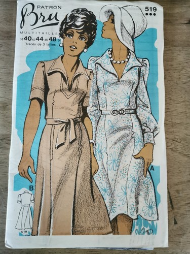Patron De Couture Vintage BRU Années 60/70 – Robe Grand Col, Tailles 44 à 52, Non Découpé