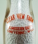 CLEAR VIEW FARM, CHEYENNE, WY HALF PINT MILK BOTTLE - COOL ART DECO STYLE TRPHP — photo 3