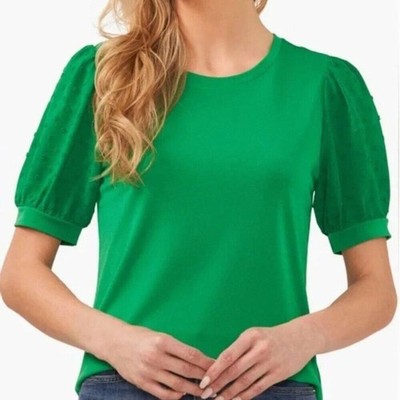 NWT CeCe Puff Sleeve Mixed Media Pullover Top size PS Green Round Neck Blouse