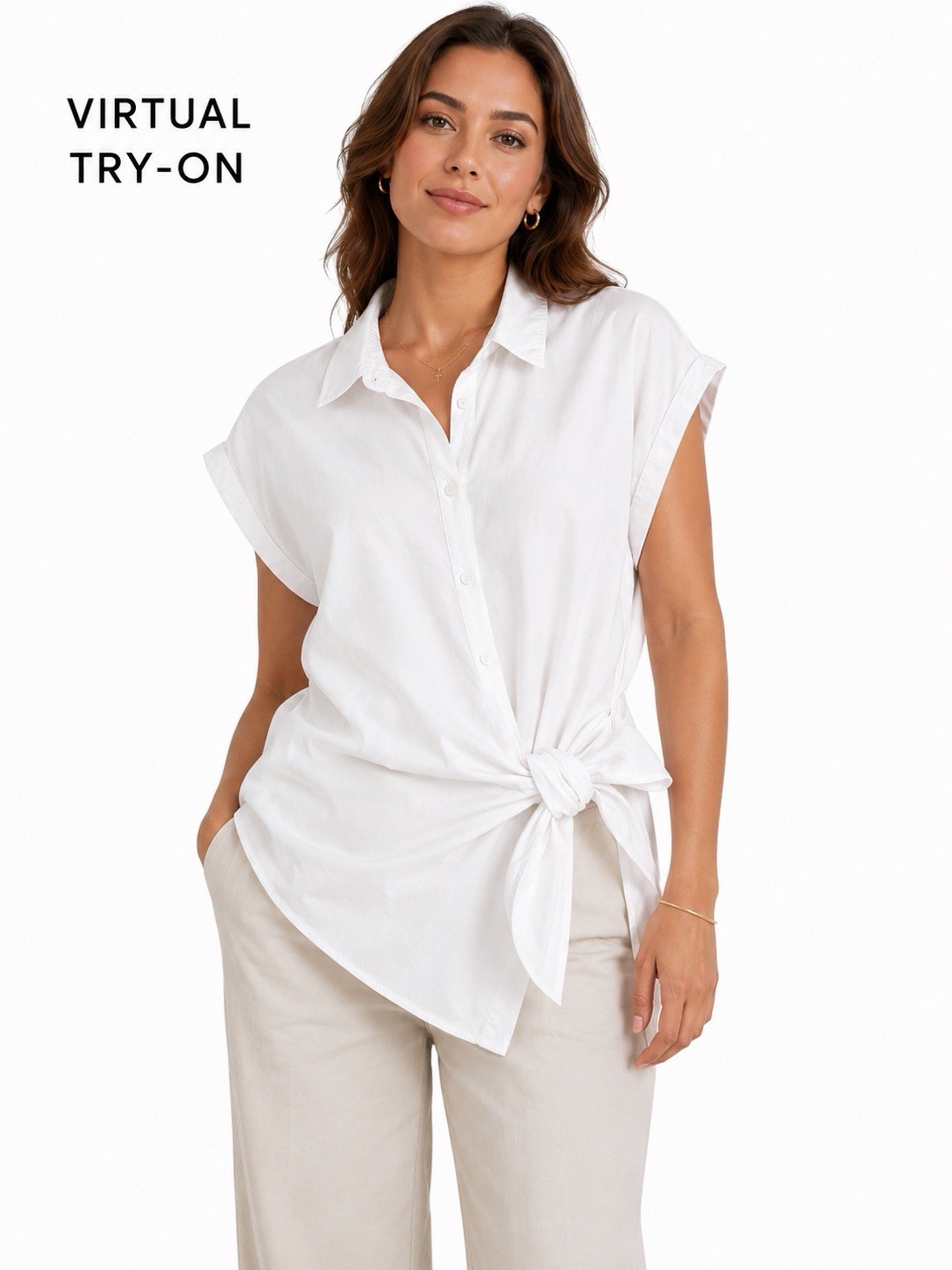 Zara Women’s XL White Cotton Woven Collared Short Sleeve Button Tie Blouse