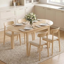 55" Solid Wood Kitchen Table for 4-6 People, Oval Drop Leaf Tables for Small