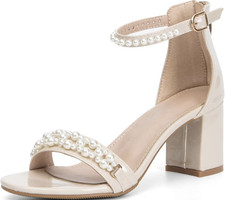 WOJWSKI Ivory Pearl Embellished Open Toe Ankle Strap Block Heel Sandals