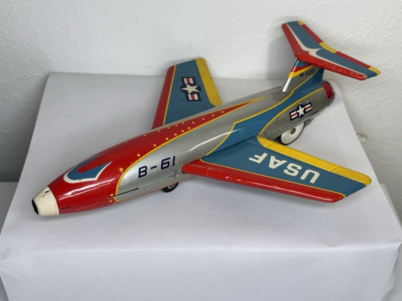 Vintage Tin Litho USAF B-61 Friction Jet Airplane Toy Japan Woolworth 1950-60s