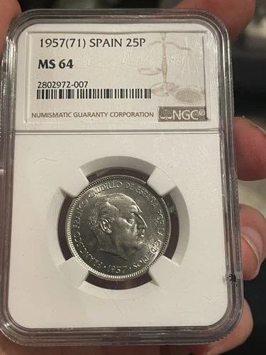 SPAIN Francisco Franco 1957 (71) 25 Pesetas NGC MS64 BU KM# 788 (046). 🔥