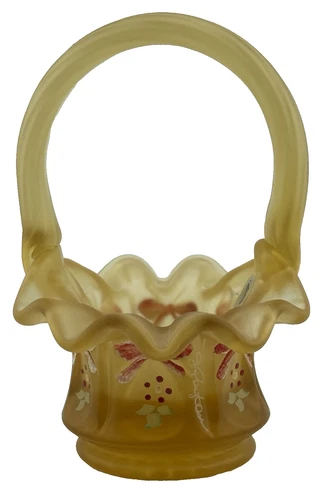 Vtg Fenton Art Glass Mini Basket Frosted Amber Harvest Gold Satin SIGNED 2001