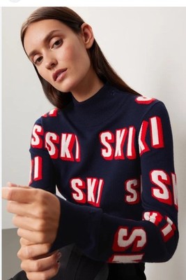 Perfect Moment Authentic 3D Ski Sweater Navy Red Luxury Warm Cozy Soft Large NWT
