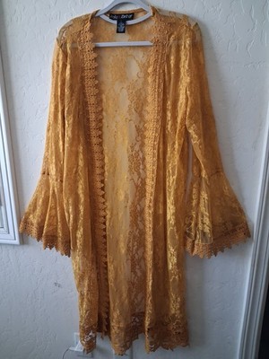 Polly & Esther Lace Kimono Womens L Gold Mustard Boho Whimsigoth Fairy Festival