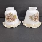 VINTAGE MILK GLASS LAMP SHADE RUFFLED EDGE BROWN IVORY ROSE FLORAL 2" FITTER