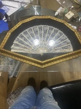 Vintage Lace Hand Fan Framed Gold Gilt Ornate Shadowbox Wall Art