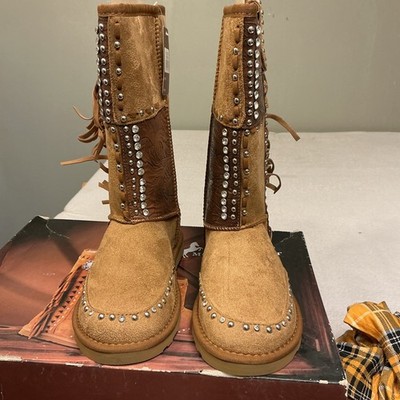 Montana West Tall Boots Brown Suede, Fur Lined,leather, Rhinestones Size 7. 3435