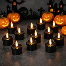 12 PCS Black Real Wax Halloween Flameless Tea Lights 6H Timer LED