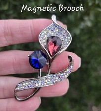 Blue, Maroon, AB Crystal silver-tone, MAGNETIC brooch. Calla Lily.  Equestrian
