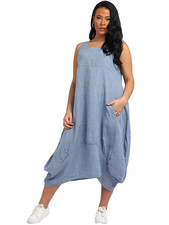 Italian Lagenlook Linen Dress Square Neck Balloon hem Pockets One Size 10-16 New