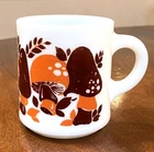 Vintage 1960s Hazel Atlas Milk Glass Mushroom Coffee Mug Cup Orange Brown Retro