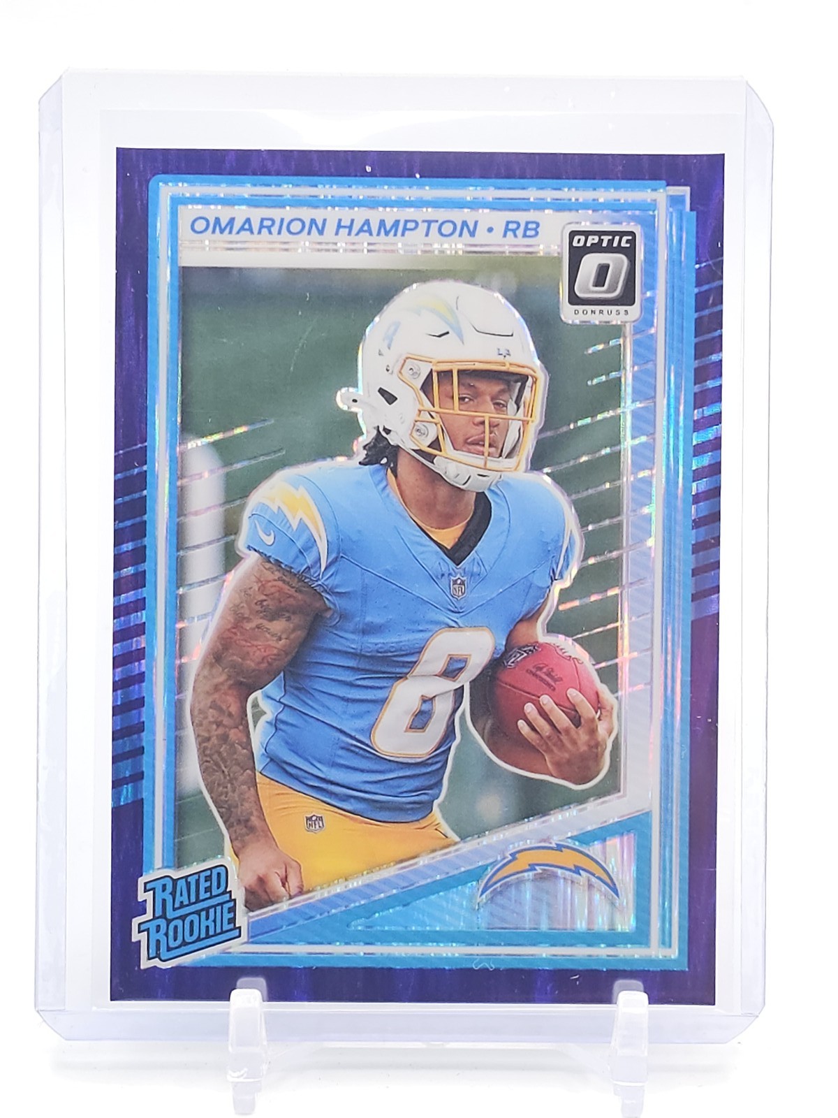 OMARION HAMPTON 2025 DONRUSS OPTIC PURPLE SHOCK RATED ROOKIE #212 CHARGERS Q7101