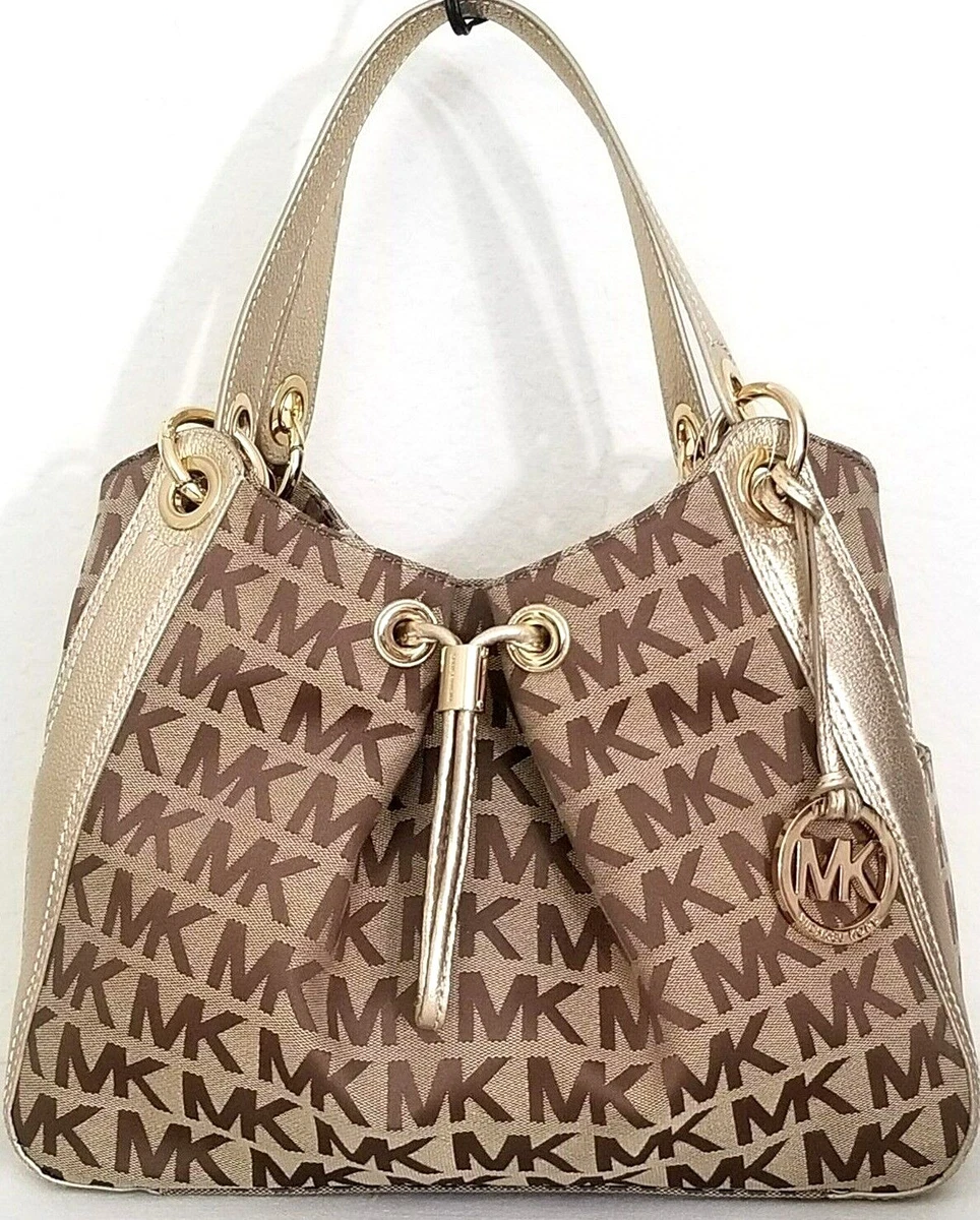 MICHAEL KORS LUDLOW DRAWSTRING LOGO BEIGE PALE GOLD LARGE SHOULDER BAG NWT