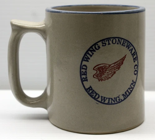 Red Wing Stoneware Co Coffee Mug Minnesota Made USA blue rim w/ Advertising