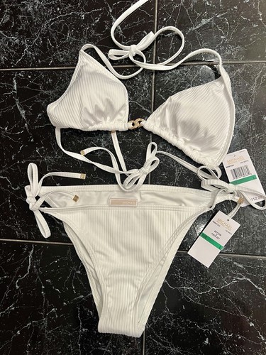MICHAEL KORSL White Triangle Top Tie Side Ribbed Bikini Swimsuit - Picture 3 of 15