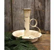 NEW PRIMITIVE FARMHOUSE TAPER CANDLE HOLDER Aged Metal Shabby CREAM 5.5"H x 5"W