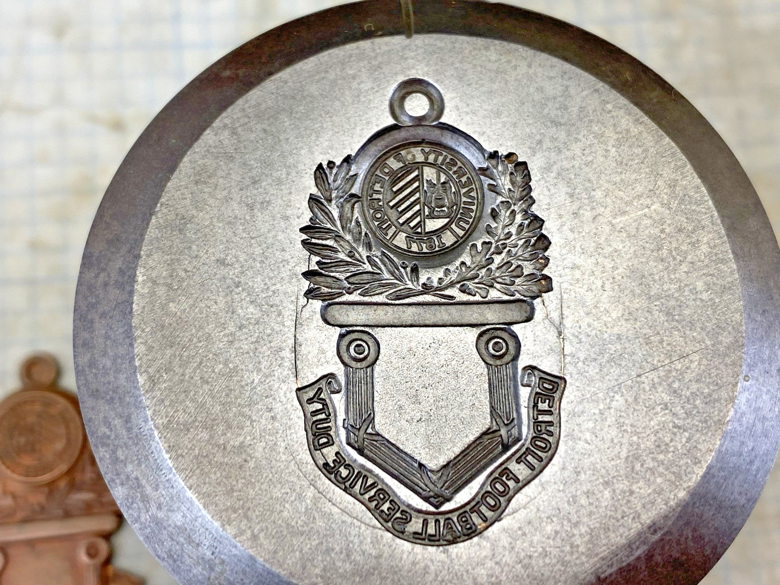 Antique Die Hub Stamp Jewelry University of Detroit Football Medal Badge #412