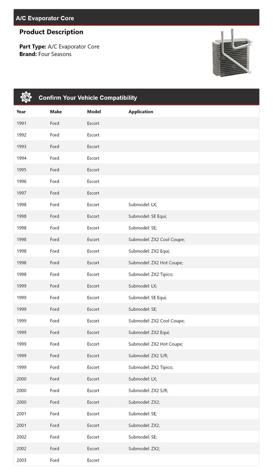 Núcleo evaporador de aire acondicionado Ford Escort 1991-2003 4 estaciones 1992 1993 1994 1995 1996 Foto 2 de 4