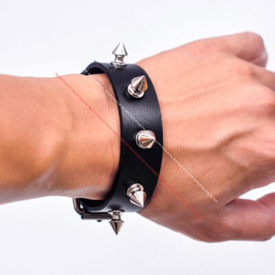 Punk Biker Silver Spike Cone Rivet Stud Veg Bk Leather Bracelet