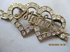 VINTAGE SILVER .925 BROOCH  , TWO HEARTS  - "MOTHER " , DIAMENTE , GOLD PLATED