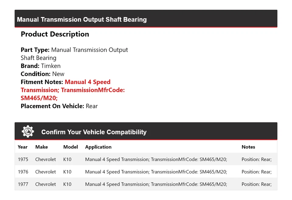 For 1975-1977 Chevrolet K10 Manual Transmission Output Shaft Bearing Rear Timken - Image 2 of 4