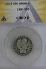 1904  .25  ANACS   G 6   Barber Quarter, Liberty Head Quarter, Barber 25c,