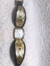 Montana Silversmiths Watch Aztec Silver Gold Black Leather New Bat Great Shape 4