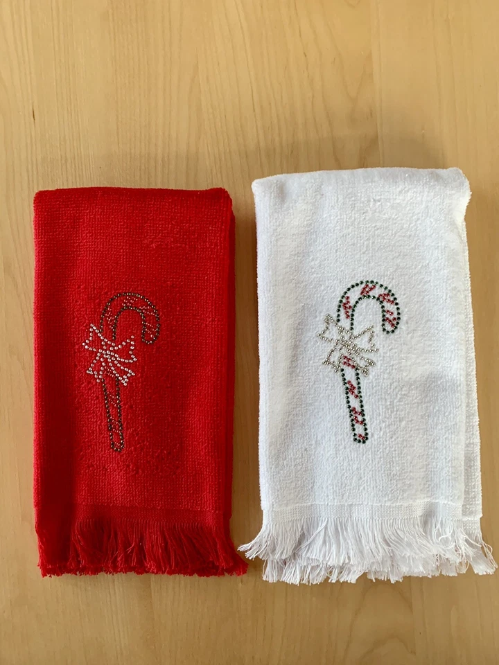 Juego de 2 toallas con diseño de estrás yema de dedo de vacaciones Candy Cane rojo blanco Foto 3 de 4