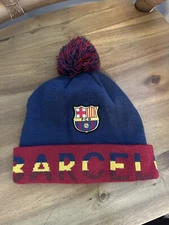 FC Barcelona Beanie Hat Pom Knit Logo Football Soccer Cap Wrap Around Text