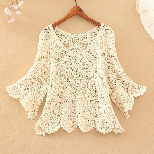 Womens Crochet Crop Top Half Sleeve Hollow Out Lace Shawl Sun Protection Tops - Picture 23 of 26