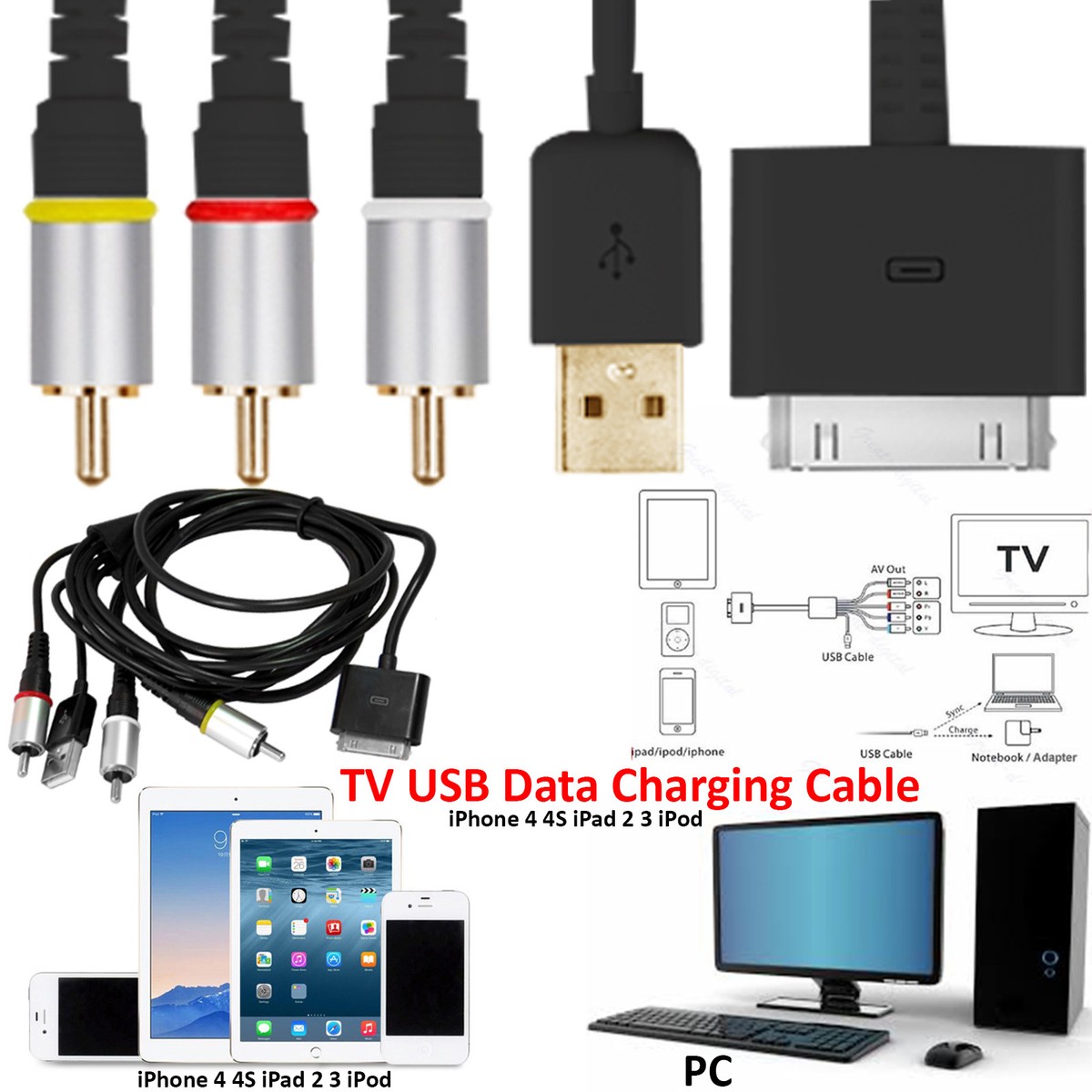 RCA TV AV USB Composite Video Charger Cable For iPod iPad iPhone 4S  3GS 3G
