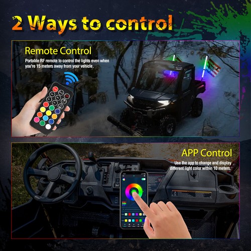 NEW Pair 3ft RGB COB Spiral LED Whip Lights Antenna Chase + Flag&Remote ATV UTV - Picture 9 of 14