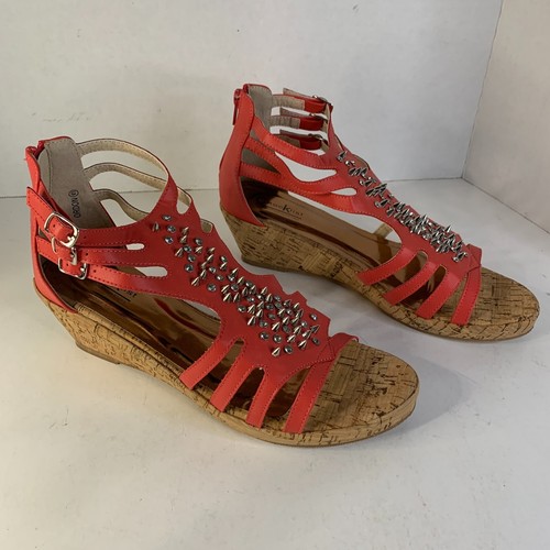 Women's size 11 studded coral dressy cork wedge sandals open toe, zip back - Picture 8 of 17