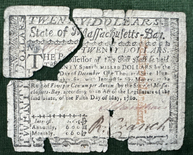 1780 $20 Massachusetts Colonial Note Fr-MA-285 Fine Details Free Shipping