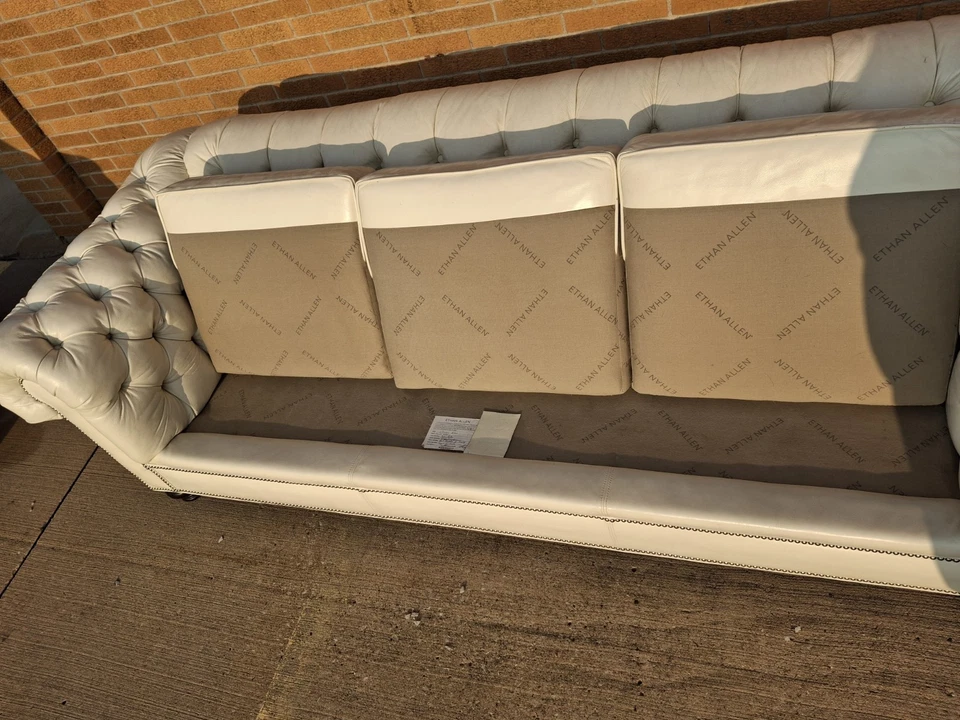 Ethan Allen Custom Leather Cream White Sofa Chesterfield Nailhead Trim - Image 3 of 4