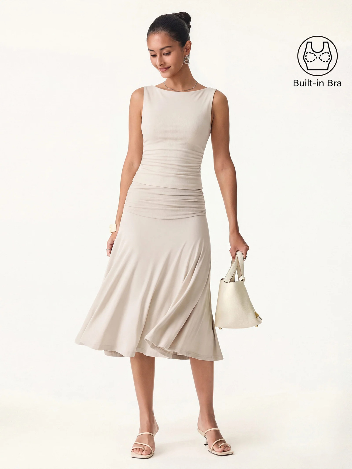 2Pcs Set Open Back Bra Tank & Side Ruched A-line Midi Skirt...