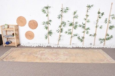 Turkish Rug, 3x10,7 ft Vintage Rug, Beige Polka dot Wool Rug