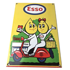 Vintage Esso Gasoline Porcelain Sign - Oil Drop Boy Scooter Vespa Gas Pump Sign