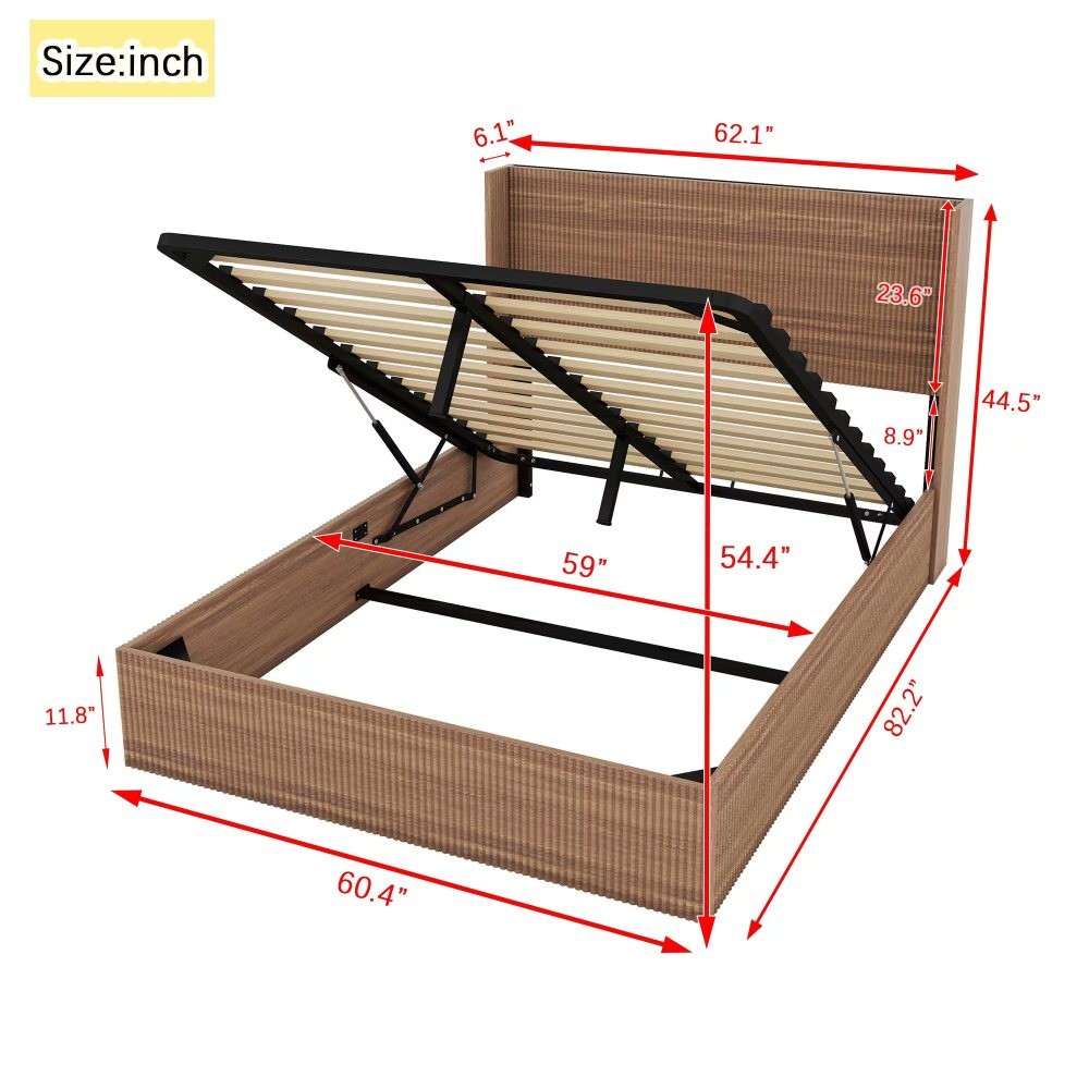 Large grooved undulating lift storage bed frame, wooden platform bed frame