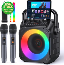 Bluetooth Karaoke Machine Speaker with 2 Wireless Microphones Lights Home Party