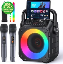 Bluetooth Karaoke Machine Speaker with 2 Wireless Microphones Lights Home Party