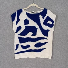 Vintage Sweater Top Medium Blue White Abstract Print 80s New Wave Funky Retro