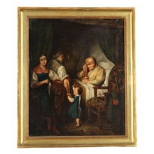 Dipinto Antico Scena di Genere Olio su Tela Scuola Francese '800
