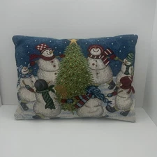 VTG Tapestry Christmas Throw Pillow Snowman Family Winter Decor 16”X11”