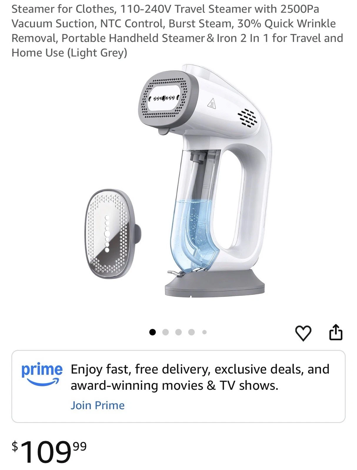 Steamer for Clothes, 110-240V Travel Steamer with 2500Pa Vacuum Suction, NTC Con