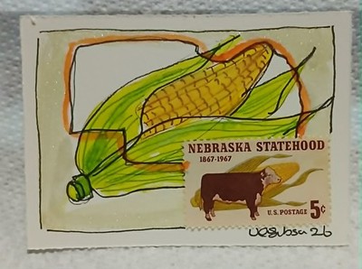 Postal Whimsy OOAK Nebraska Statehood 5¢ Stamp ACEO Corn Art by Virginia