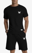 WA Men's Black T-Shirt Shorts Set with Logo, Crew Neck, Sports Outfit